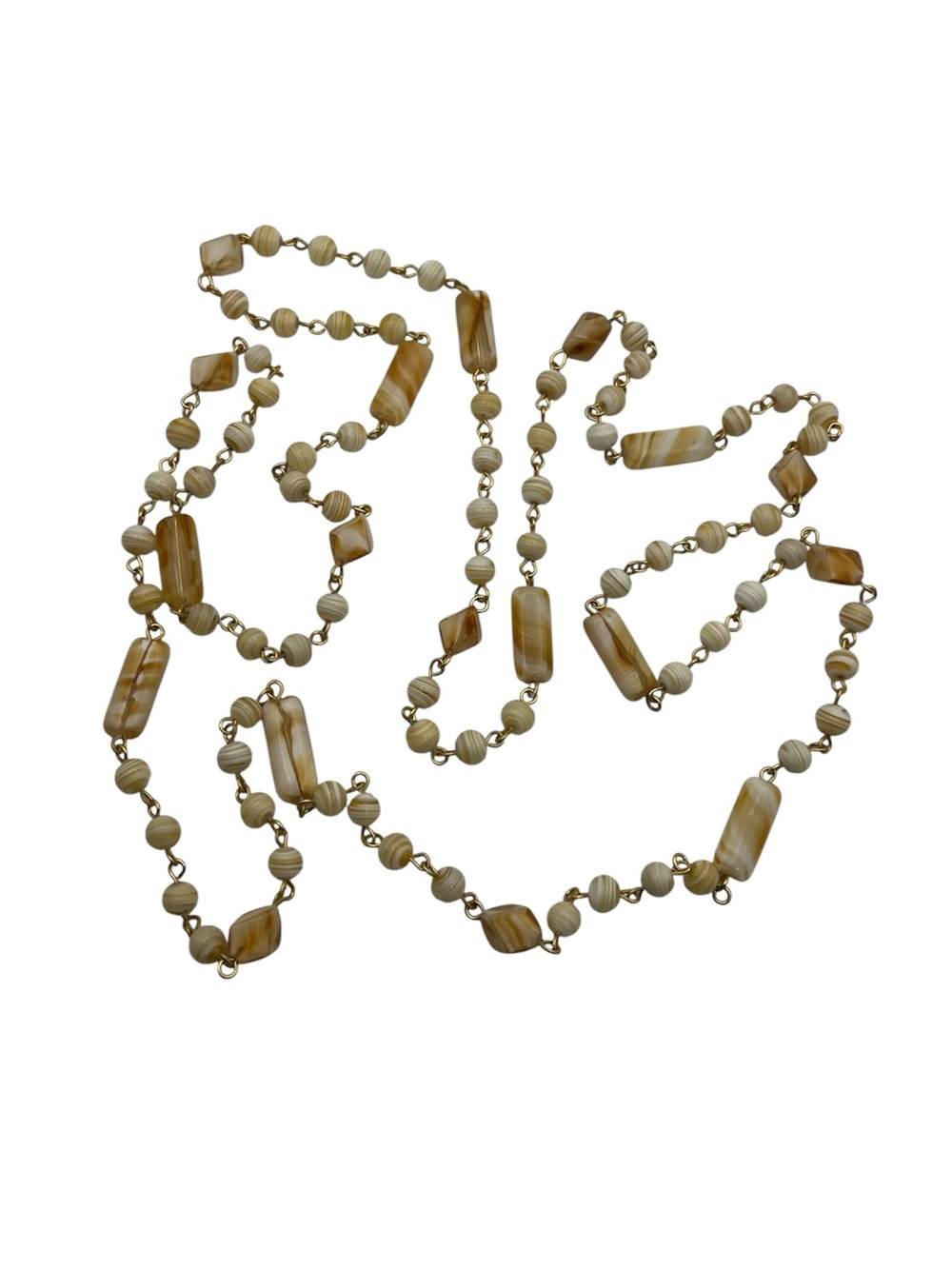 Cream & gold colored banded stripe beaded vintage long necklace